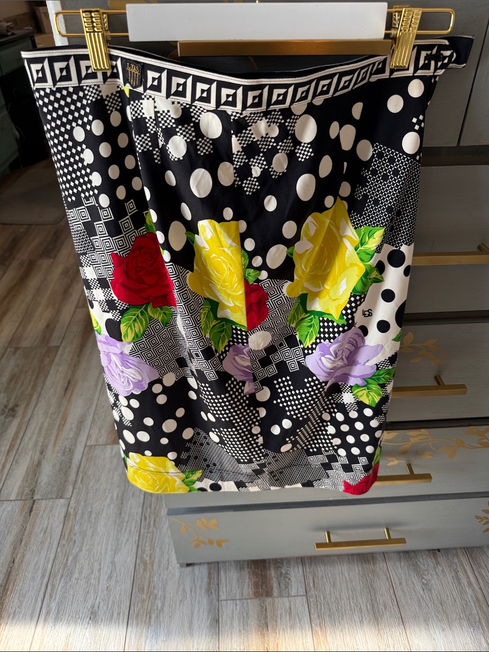 Lee Black Polka Dot Pencil Skirt with Red, Yellow & Purple Roses